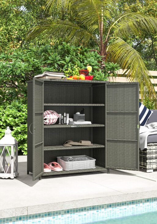 Rattan Wicker Outdoor Storage Cabinet with 4 Shelves and 2 Doors for Garden Pool Towel Storage, Dark Gray