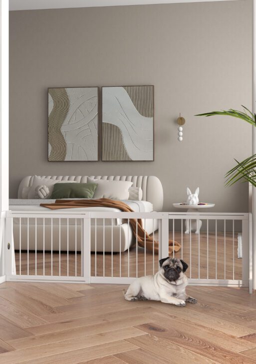 28"-75" Freestanding Wooden Pet Gate with Support Feet & Non-Slip Mats for Indoor, Stairway, Doorway, White