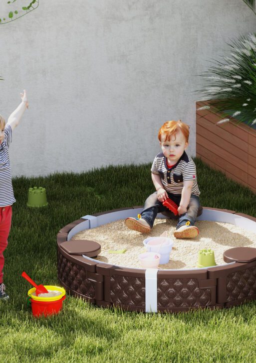 47" Round Kids Sandbox with Cover, 3 Seats, Waterproof Bottom Liner, for Backyard, Lawn, Garden, Beach, Patio, Brown