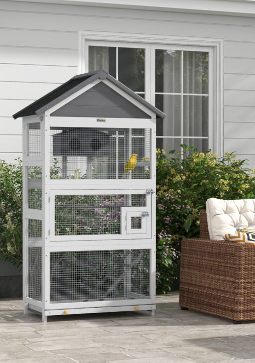 Wooden Bird Aviary with Slide-Out Tray, Birdhouse, Ladder, Perches for Finches, Parakeets, Gray