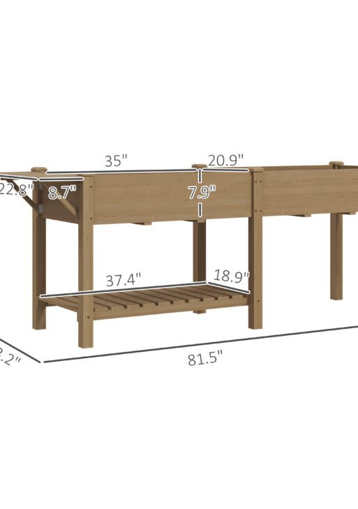 Wood Raised Garden Box, Elevated Garden Bed with Side Table, Bottom Shelf, Bed Liners and Drainage Holes, Carbonized