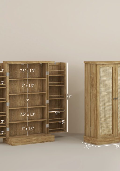 41" Rattan Kitchen Storage Cabinet, Food Pantry Cabinet with 5-Tier Shelf, 12 Spice Racks, Adjustable Shelves, Natural