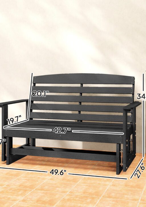 Patio Glider Bench w/ HDPE Slatted Double Rocking Chair, Black
