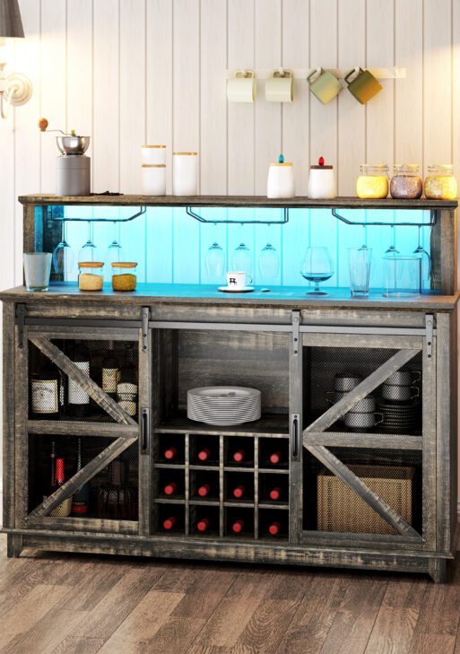 55" Coffee Bar Cabinet with Lights, Farmhouse Wine Cabinet with Wine and Glass Racks for Kitchen, Dining Room, Brown