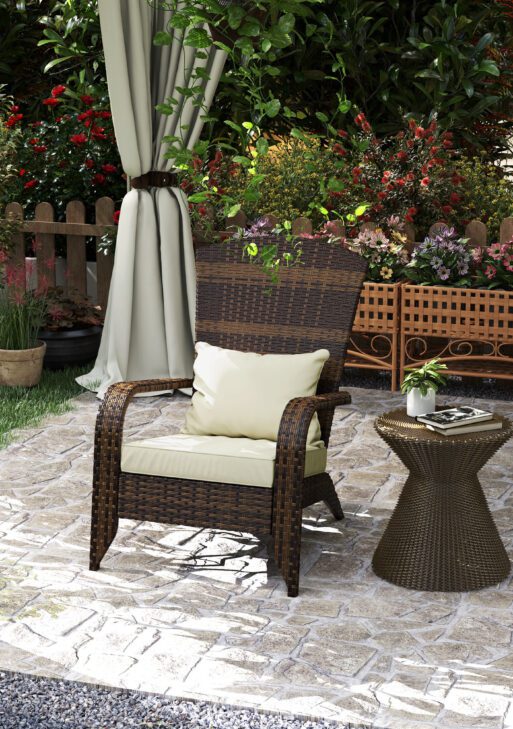 Patio Adirondack Chair with Rattan Wicker, Soft Cushions, Tall Curved Backrest for Deck or Garden, Cream White