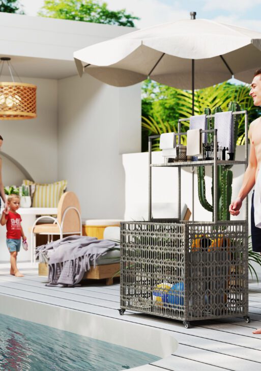 Wicker Pool Float Storage Organizer, PE Rattan Pool Float Holder with Basket Shelf Towel Bars, Rolling Pool Caddy for Floaties, Noodles, Life Vests, Beach Balls, Mixed-Gray