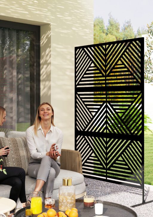 Decorative Privacy Fence Screen, Metal Outdoor Privacy Screen Climbing Plant Trellis with Stand, Rhombus Black