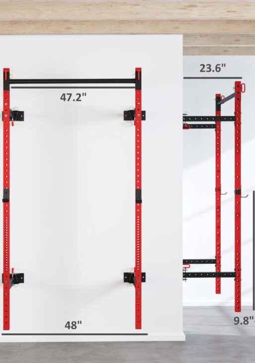 Folding Squat Rack with Pull Up Bar, Wall Mounted and Adjustable, 1000 Pounds Capacity Power Rack, Red