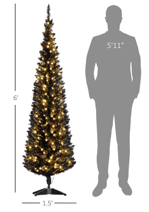 6ft Pencil Christmas Tree, Slim Artificial Christmas Tree with Realistic Branches and Warm White LED Lights, Black