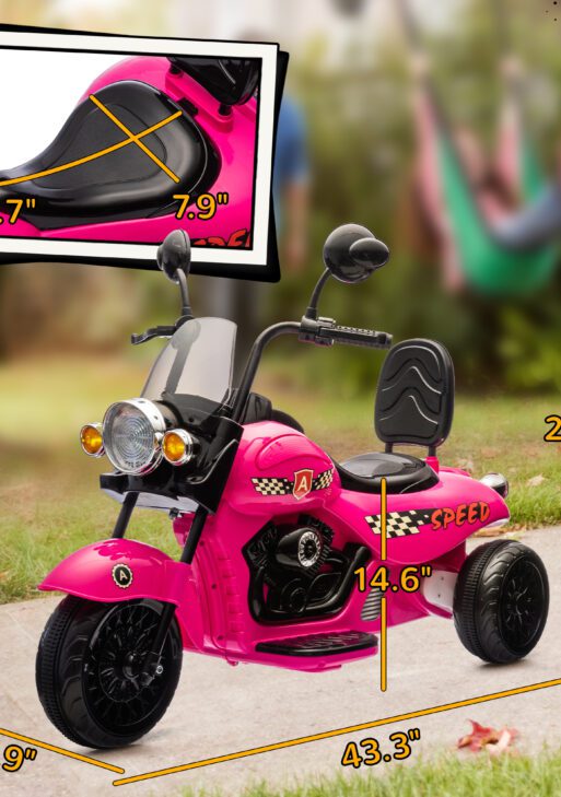6V 3 Wheel Electric Motorcycle for Kids, Battery Powered Motorbike w/ Headlights, Music, Forward & Reverse, Pink
