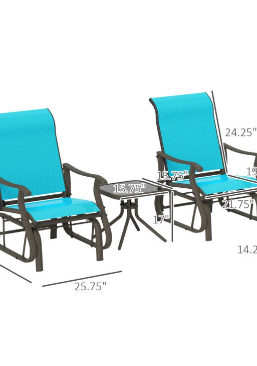 3-Piece Outdoor Gliders Set Bistro Set with Steel Frame, Tempered Glass Top Table for Patio, Garden, Bright Blue