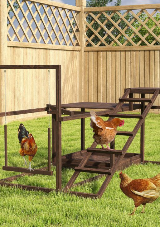 Wooden Chicken Activity Play Set with Perch, Swing, Ladder, Platforms, Feeder Storage, Coffee