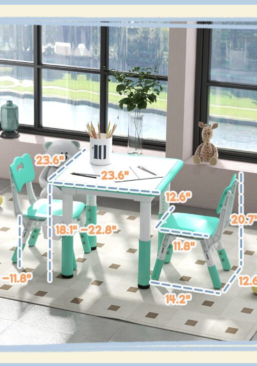 3pc Height Adjustable Toddler Table and Chair Set with Storage, Easy to Wipe for Daycare Classroom, Green