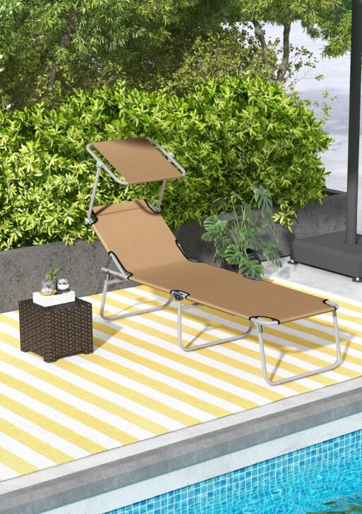 Outdoor Pool Chaise Lounge Chair, Folding Tanning Chair with Sun Shade, Tan