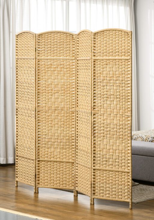 Folding Room Divider Screen 4 Panel 6' Tall Privacy Screen Freestanding Wood Partition for Home Office, Nature Wood