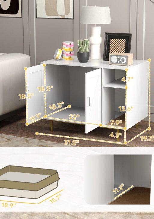 Cat Litter Box Enclosure End Side Table with Scratching Pad, Storage, for Living Room, Bedroom, 31.5" x 20" x 24"