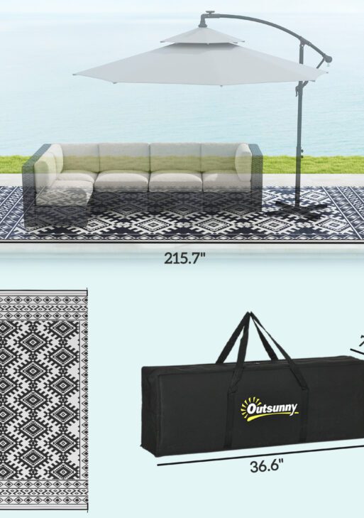Reversible Outdoor Rug, Waterproof Plastic Straw with Carry Bag, 9' x 18', Black & White Rhombus Border