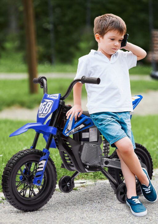 12V Kids Electric Motorcycle w/ Twist Grip Throttle, Training Wheels, Rear Suspension & Music, Blue