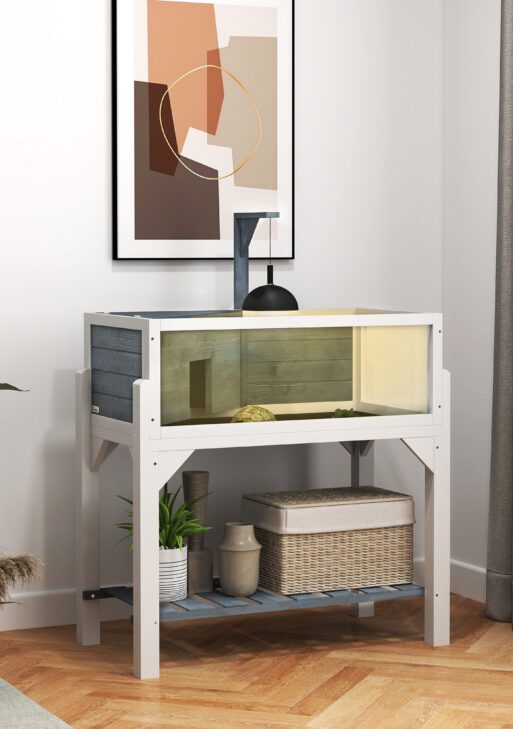 Wooden Tortoise Habitat with Storage Shelf, Tortoise Enclosure with Clear Windows, Openable Top, Lamp Holder, Gray