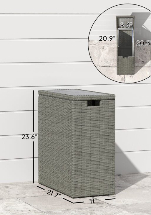 17-Gallon Small Deck Box, Wicker Outdoor Storage Box with Acacia Wood Top for Patio Cushions and Garden Tools, Gray