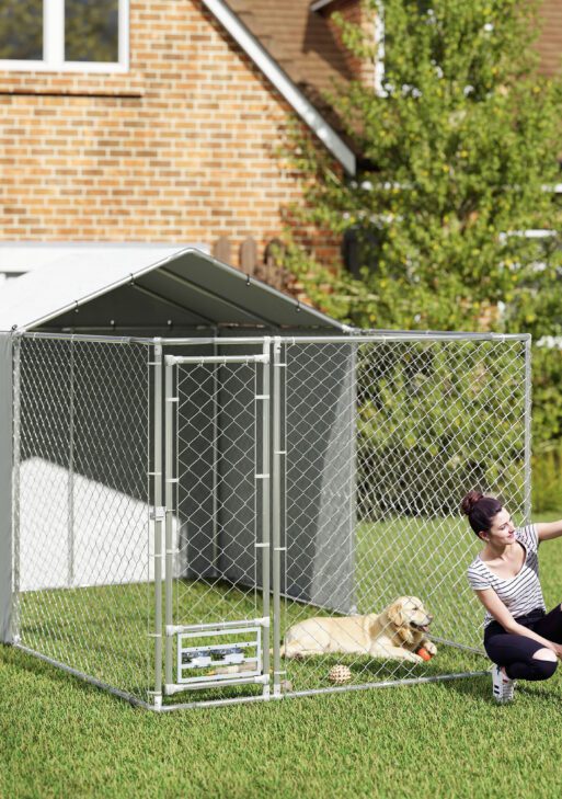 Galvanized Chain Link Large Outdoor Dog Kennel with Waterproof & UV-Resistant Cover, for M&L Dogs, 13.1' x 7.5' x 7.5'