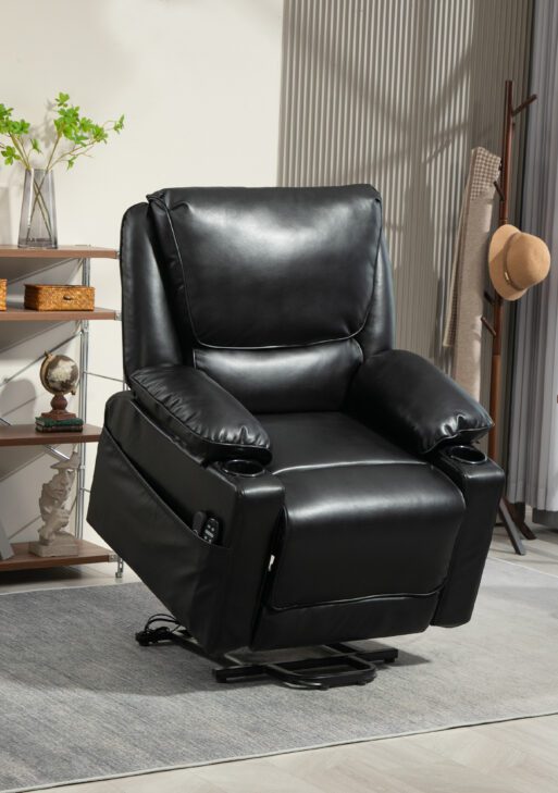Power Lift Chair for Elderly, Faux Leather Recliner Sofa with Vibration Massage and Heat, Remote, Side Pockets, Black