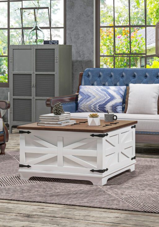 Farmhouse Coffee Table, Square Center Table with Flip-top Lids, Hidden Storage Compartment, White