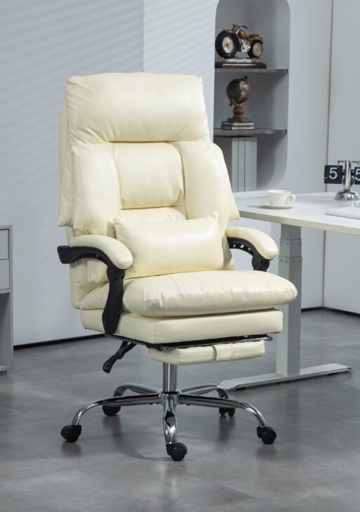 Overstuffed Office Chair, High Back Desk Chair with Foot Rest, Reclining PU Leather Computer Chair, Cream White
