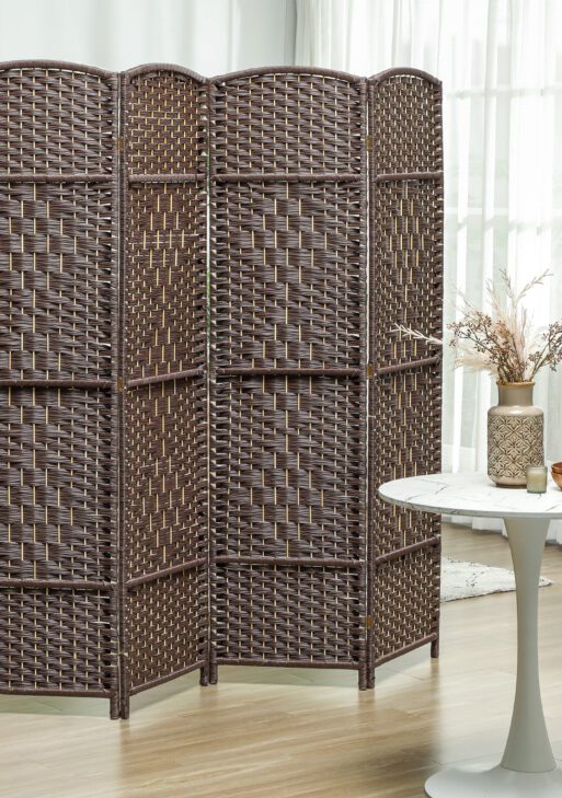 Folding Room Divider Screen 4 Panel 6' Tall Privacy Screen Freestanding Wood Partition for Home Office, Brown