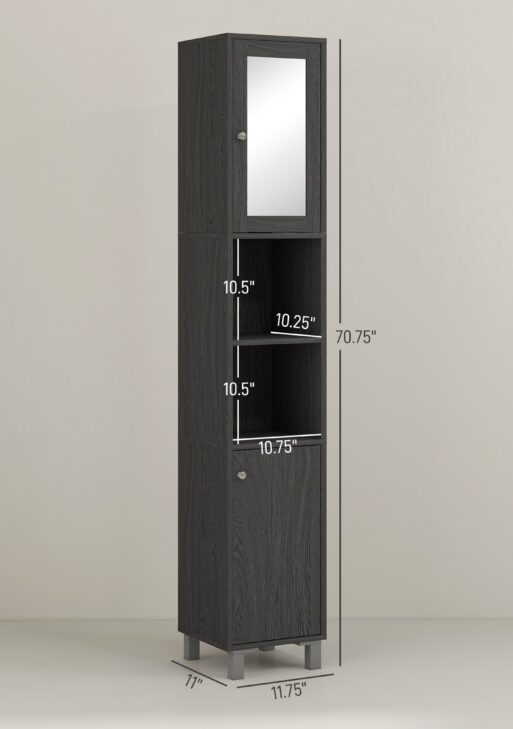 Tall Bathroom Cabinet w/ Mirror, Narrow Bathroom Storage Cabinet, Slim Linen Tower w/ Doors & Adjustable Shelves, Gray
