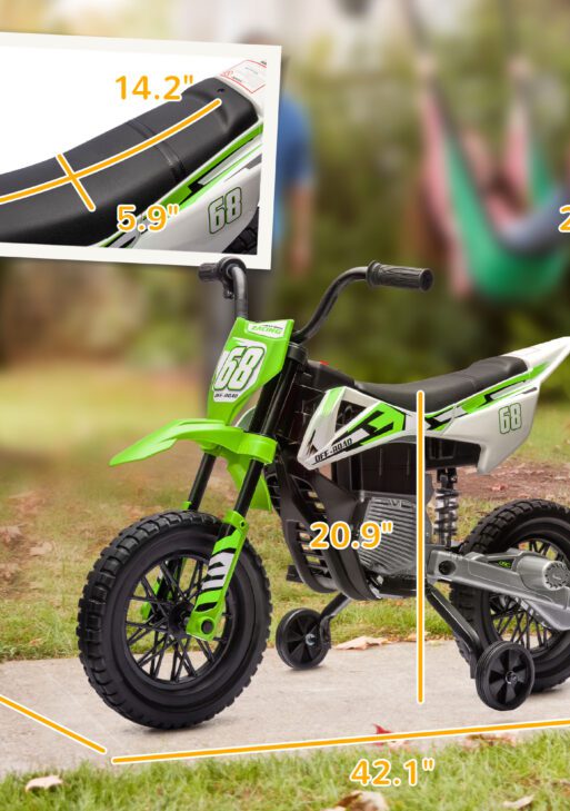 12V Kids Electric Motorcycle w/ Twist Grip Throttle, Training Wheels, Rear Suspension & Music, Green