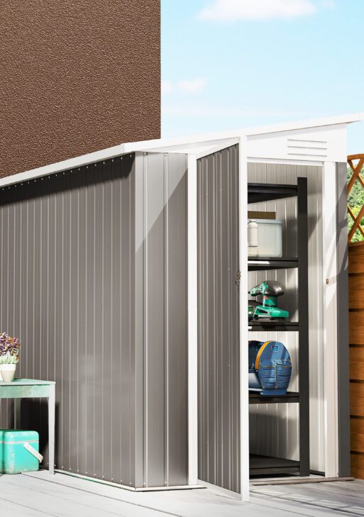 4' x 8' Lean to Garden Storage Shed, Outdoor Metal Tool House with Lockable Door Vents for Backyard Patio Lawn, Light Gray