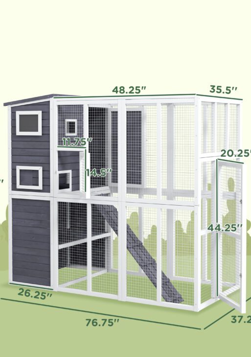 Wooden Outdoor Catio with Platforms, Asphalt Roof, Ramps, Light Gray