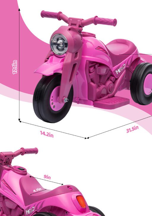 Ride On Motorcycle, 6V Ride on Bubble Car, 3 Wheeled Electric Motorcycle for Kids w/ LED Headlight, Music, Pink