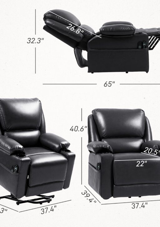 Power Lift Chair for Elderly, Faux Leather Recliner Sofa with Vibration Massage and Heat, Remote, Side Pockets, Black