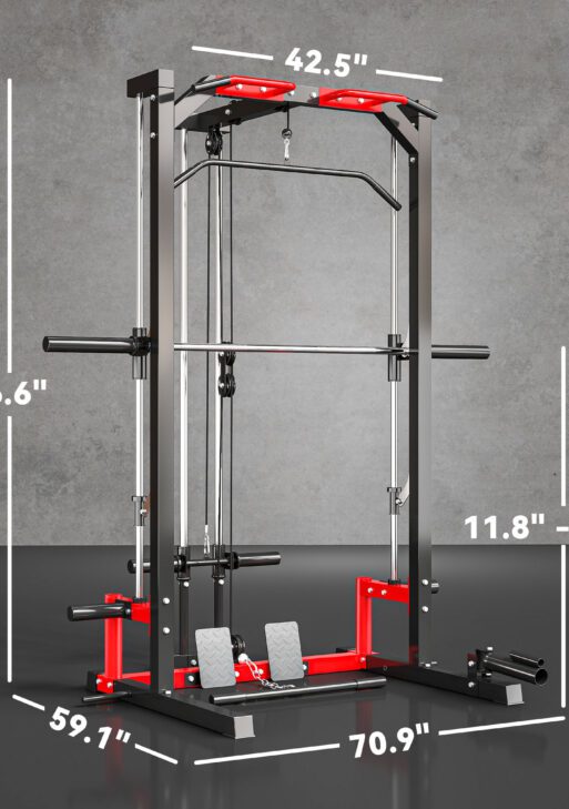 Smith Machine Power Rack with Pull Up Bar, Lat Pull Down System, Landmine, Squat Rack, Barbell Bar, for Home Gym