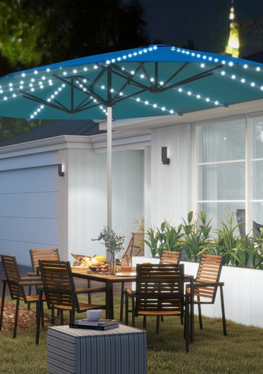 15ft Double-Sided Outdoor Umbrella with Solar Lights, UPF50+ Extra Large Aluminum Patio Umbrella with Crank, Blue