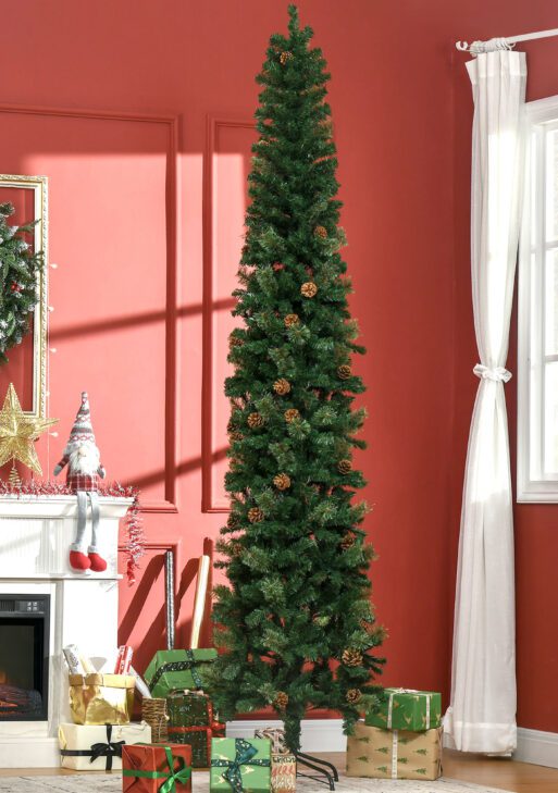 9.5ft Pencil Christmas Tree, Slim Xmas Tree with Realistic Branches, Pine Cones and Metal Base, Green