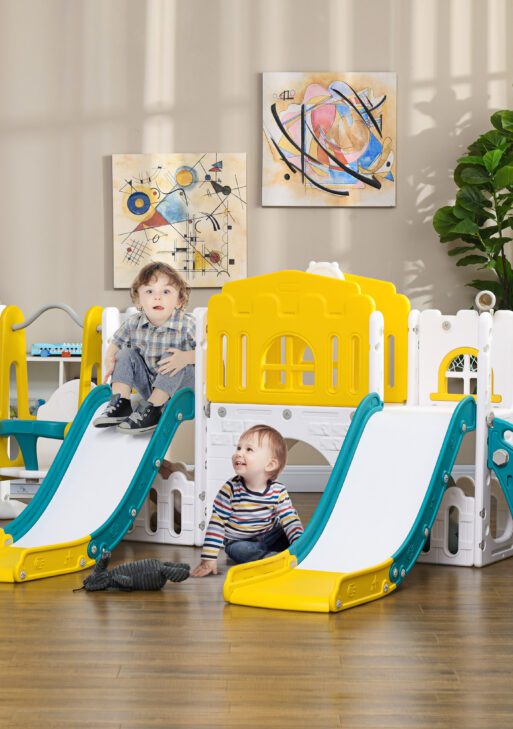 8 in 1 Toddler Slide and Swing Set w/ 2 Slides, Basketball Hoop, Climber, Storage Space Telescope, Yellow