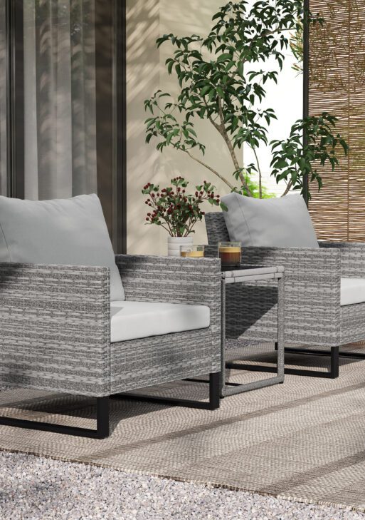 3PCS Patio Set, Wicker Bistro Set with Cushions, Rattan Chairs, Glass Coffee Table for Backyard, Porch, Balcony, Gray