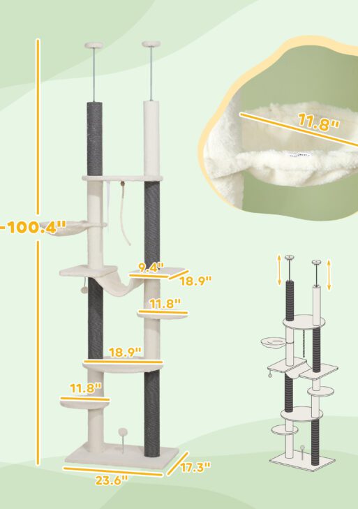 89"- 100" Floor to Ceiling Cat Tree with Scratching Posts, Hammock, Perches & Toy Balls, White