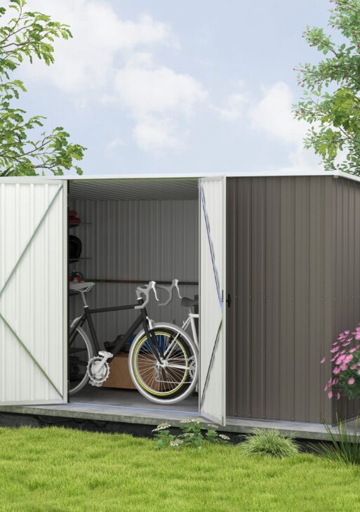 11.2' x 5.6' Storage Shed w/ Lockable Door, Galvanized Metal Utility Outdoor Shed for Backyard, Bike, Patio, Light Gray