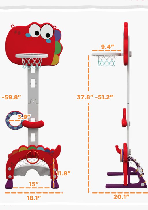 Adjustable Height 4.4-5 ft Kids Basketball Hoop, 5 in 1 Design, for Indoor Use, Red