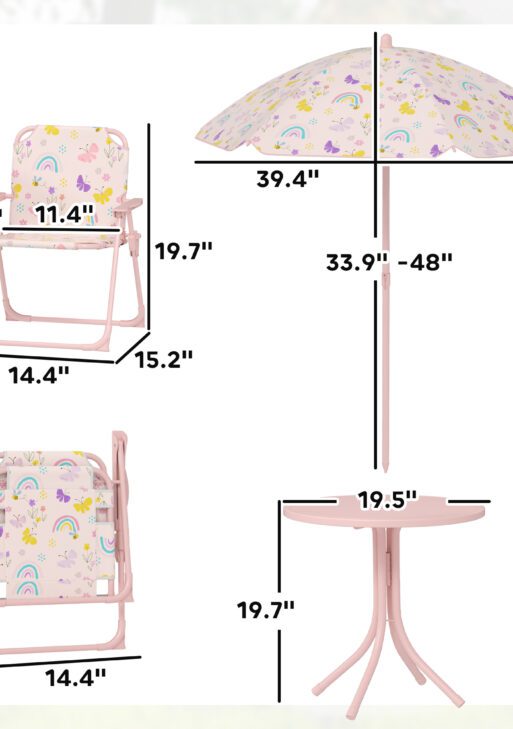 Kids Picnic Table and Chair Set, Outdoor Activity Table with Foldable Chairs, Removable Umbrella for Backyard, Pink