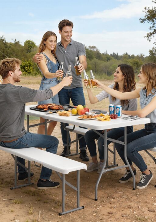 6FT 3 PCS Portable Camping Table and Chairs, Folding Picnic Table Bench Set with Carrying Handles for BBQ, Party, White