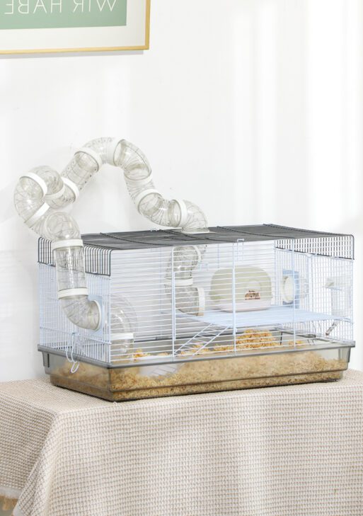 Small Animal Cage for Gerbil or Dwarf Hamster w/ Tubes, Exercise Wheel, Food Dish, Water Bottle, 23" x 13" x 12", Gray