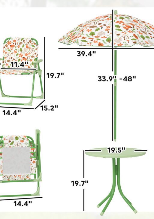 Kids Picnic Table and Chair Set, Outdoor Activity Table with Foldable Chairs, Removable Umbrella for Backyard, Green