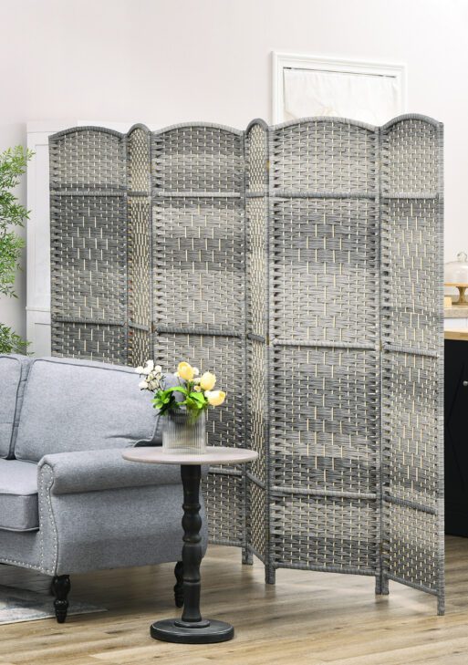 Folding Room Divider Screen 6 Panel 6' Tall Privacy Screen Freestanding Wood Partition for Home Office, Mixed Gray