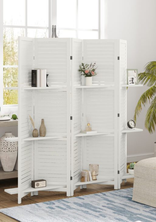 5 Panel 67" Tall Wood Privacy Screen Room Divider with 3 Shelves and Folding Storage for Bedroom, White