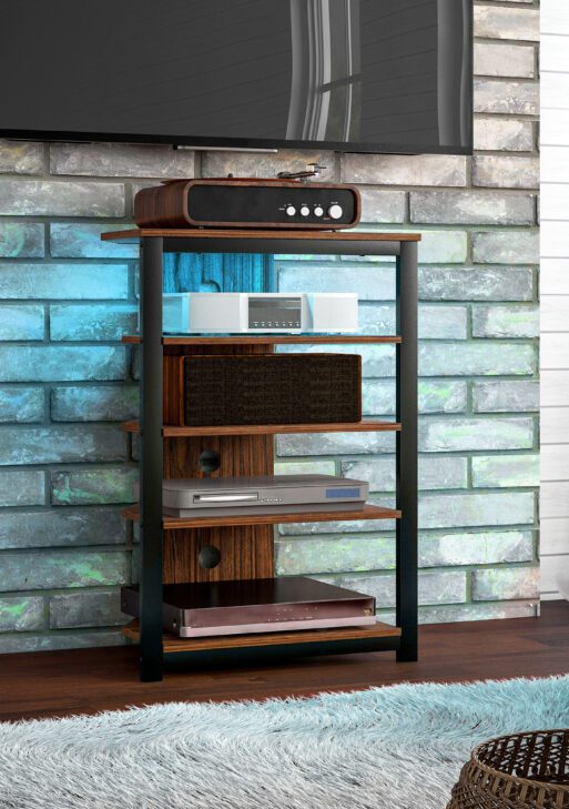 LED TV Stand, Entertainment Center with Storage Shelves and Steel Frame for Living Room, Brown